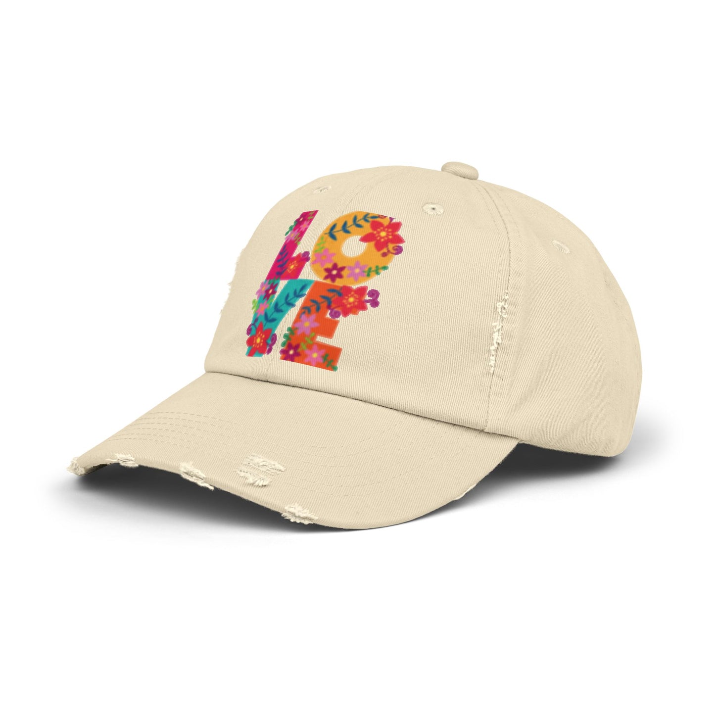 Floral Love Unisex Distressed Cap - Trendy Adjustable Hat for Casual Style