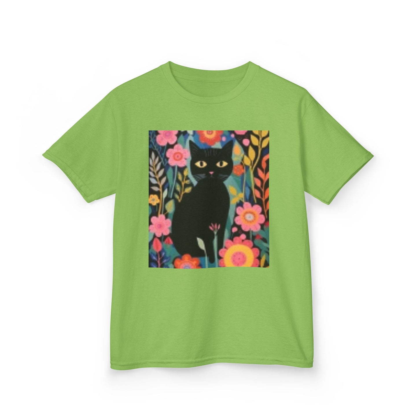 Camiseta infantil de algodón grueso con estampado floral de gato negro: diseño divertido y colorido 