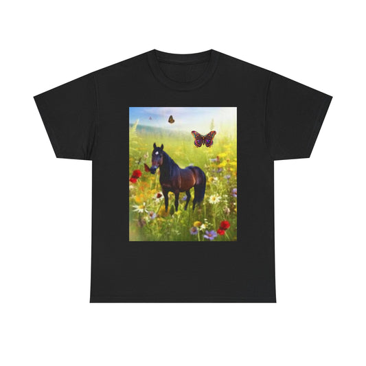 Nature-Inspired Unisex Heavy Cotton Tee with Horse and Butterfly Design