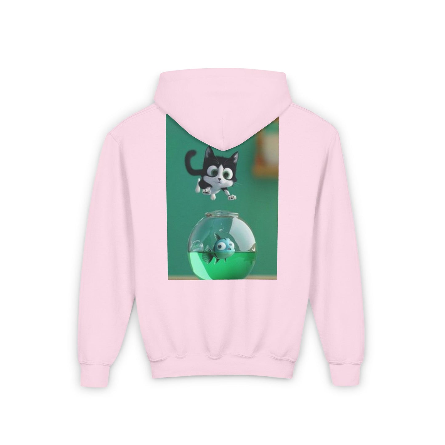Sudadera con capucha de mezcla pesada para jóvenes Tallas S, M, L, XL Gato saltando sobre una pecera