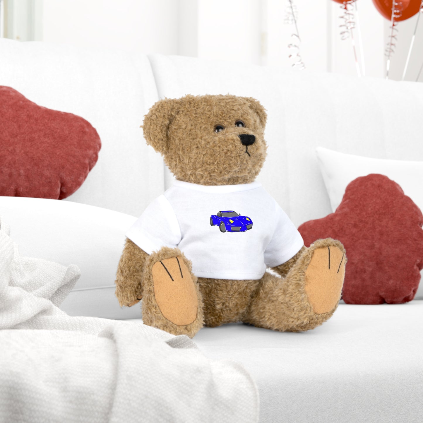 Plush Teddy Bear with T-Shirt Blue Race Car