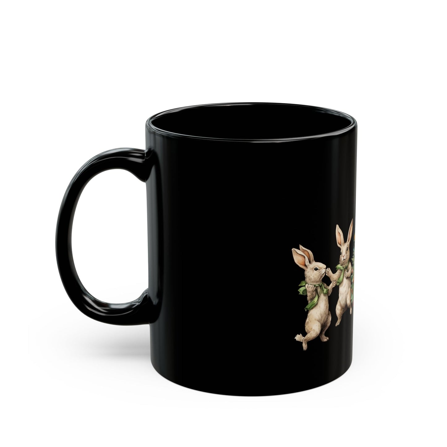 Black Mug 11 oz Rabbits Christmas Tree