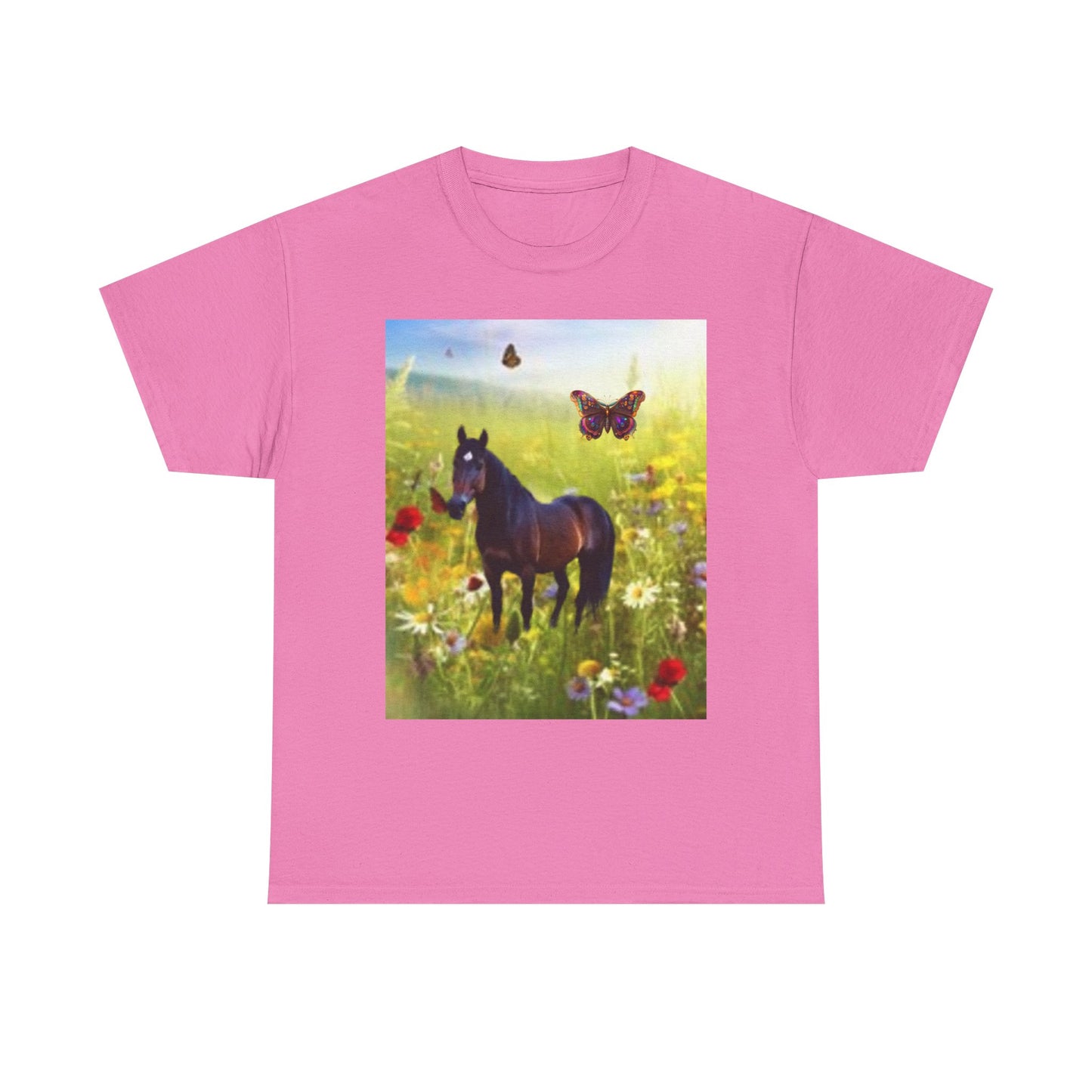 Nature-Inspired Unisex Heavy Cotton Tee with Horse and Butterfly Design