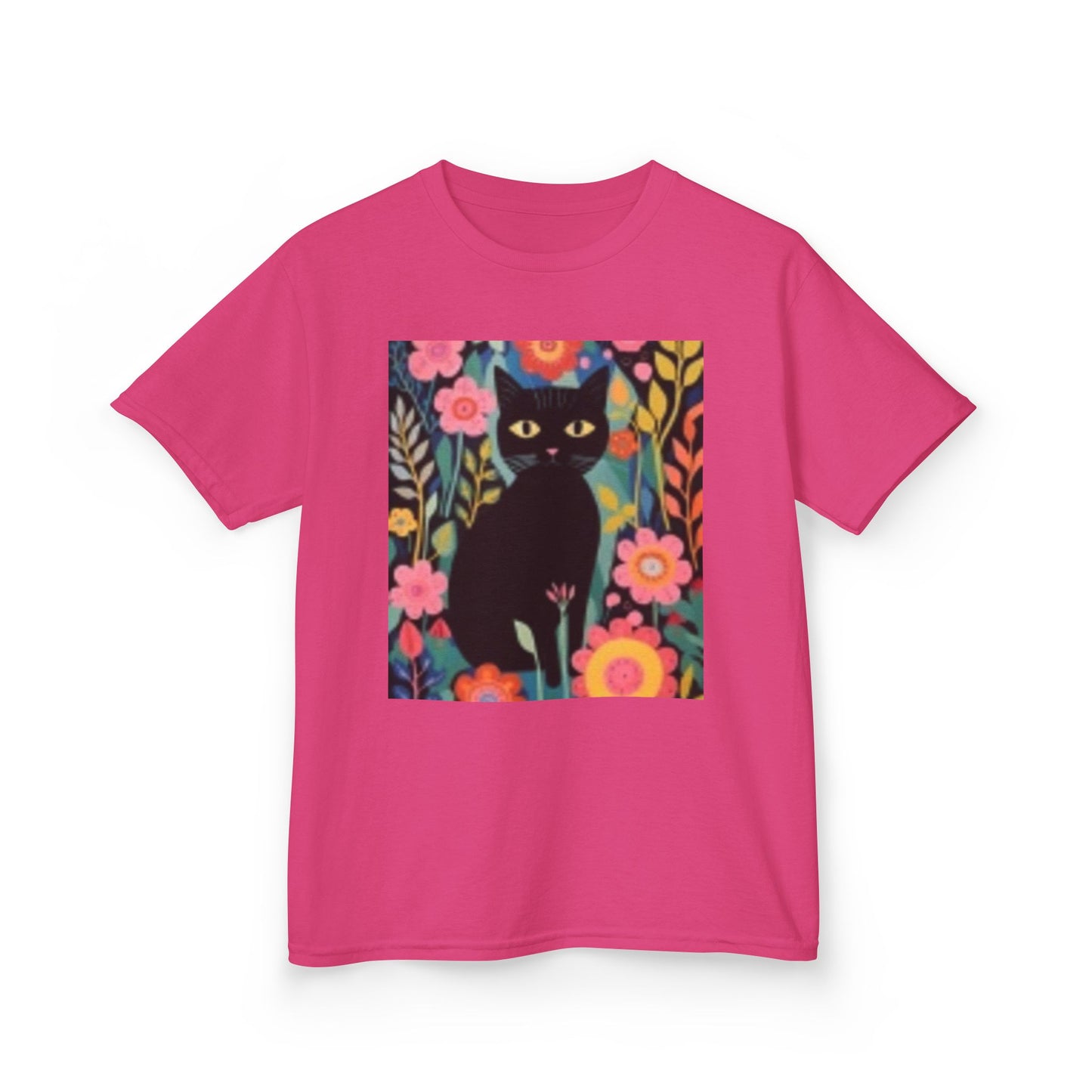 Camiseta infantil de algodón grueso con estampado floral de gato negro: diseño divertido y colorido 