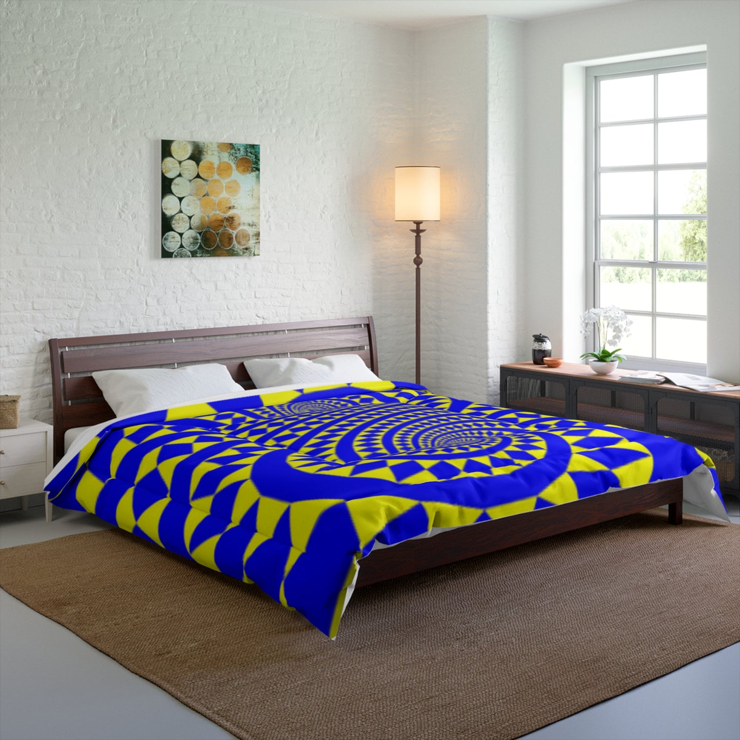 Couverture douillette 104"x88" King Size Motif tourbillons bleus et jaunes