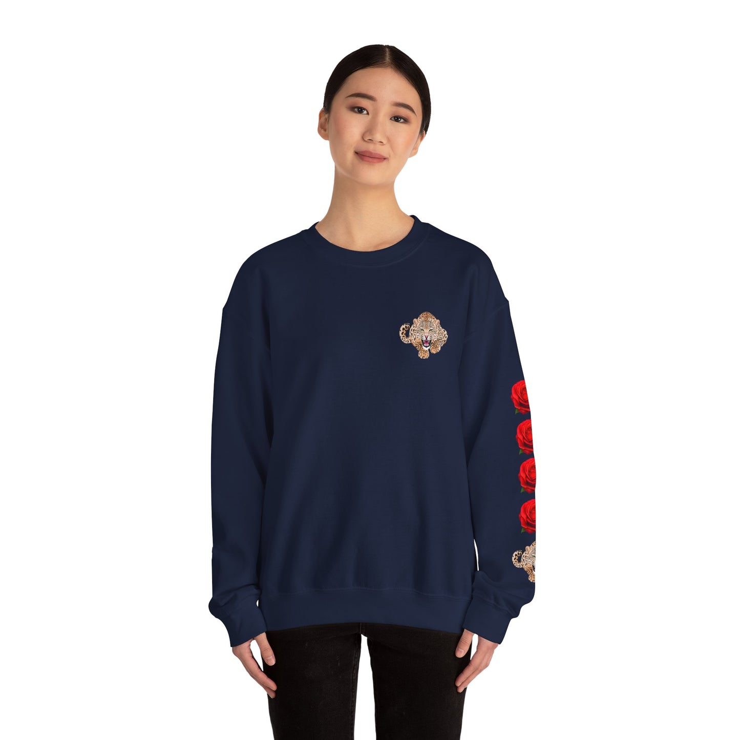 Vibrant Leopard and Rose Unisex Crewneck Sweatshirt - Perfect for Casual Outings