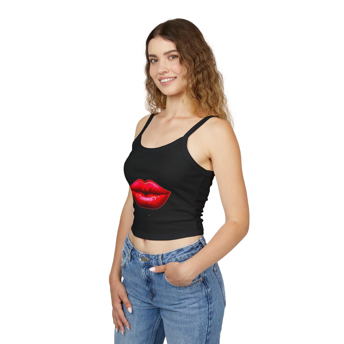 Elegante camiseta sin mangas con tirantes finos para mujer con un llamativo diseño de labios: perfecta para el verano y para salir por la noche.