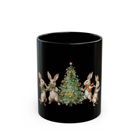 Black Mug 11 oz Rabbits Christmas Tree