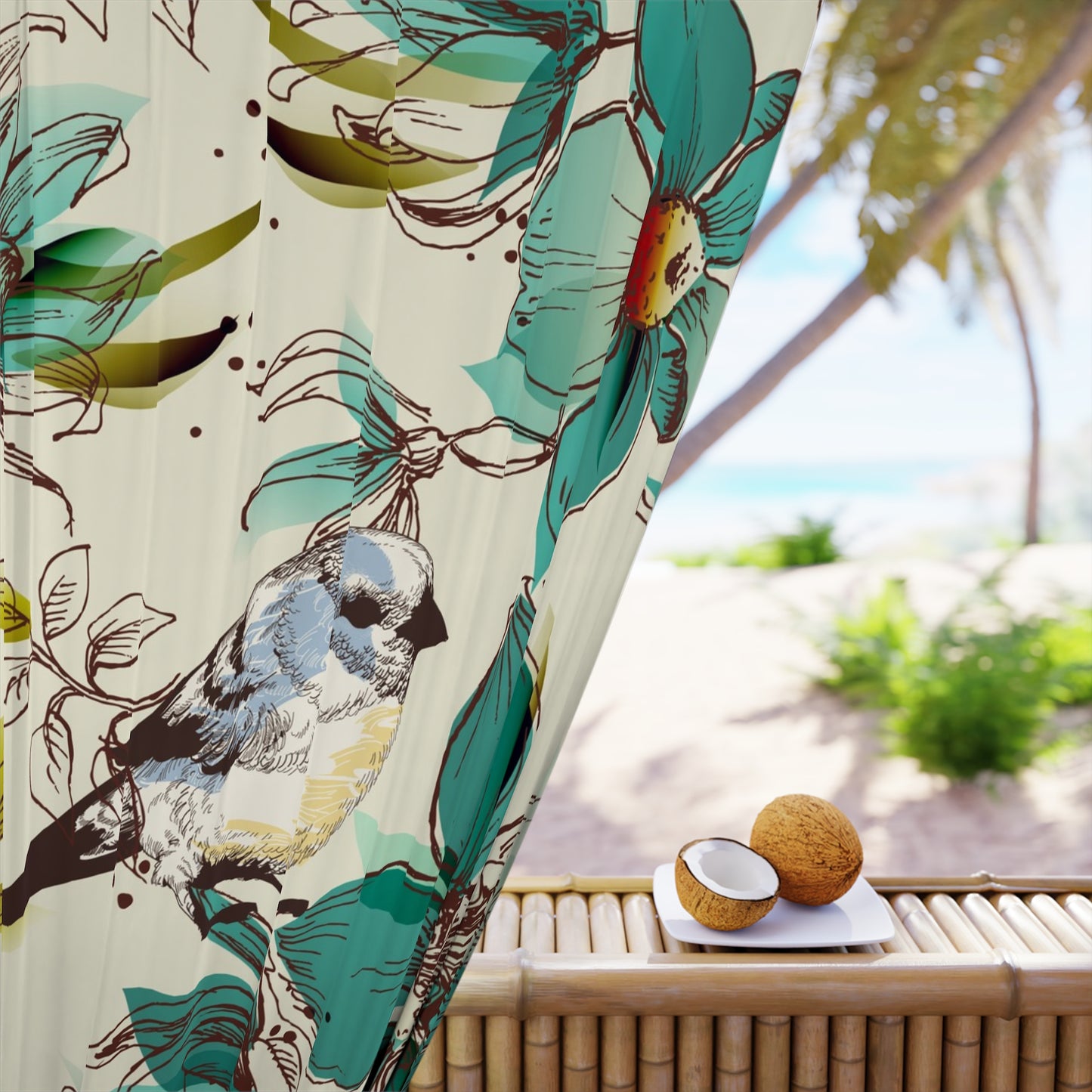 Botanical Bird Window Curtain - Floral Design for Home Decor