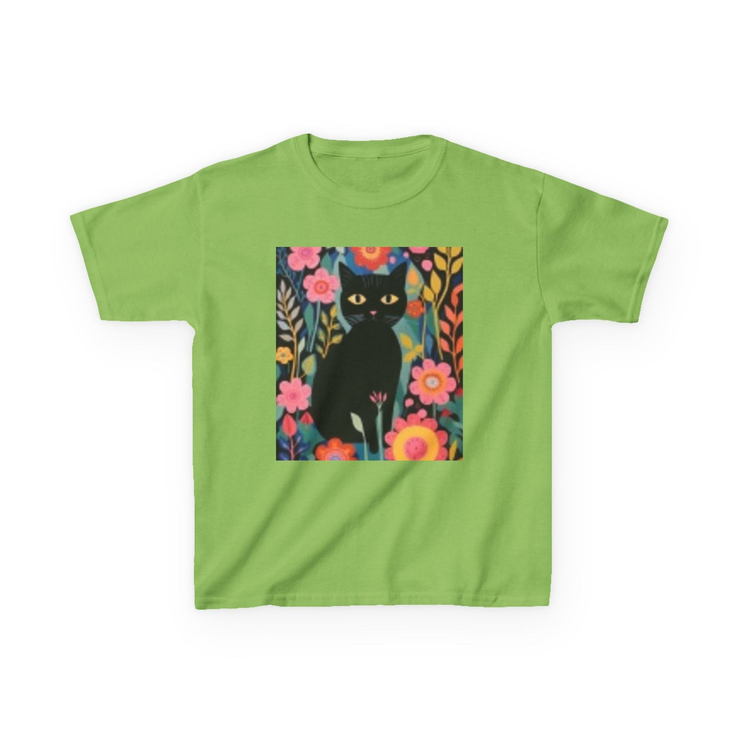 Camiseta infantil de algodón grueso con estampado floral de gato negro: diseño divertido y colorido 