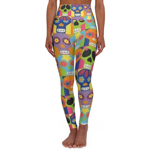 Colorful Sugar Skull High Waisted Yoga Leggings - Vibrant Floral Design for Active Lifestyles