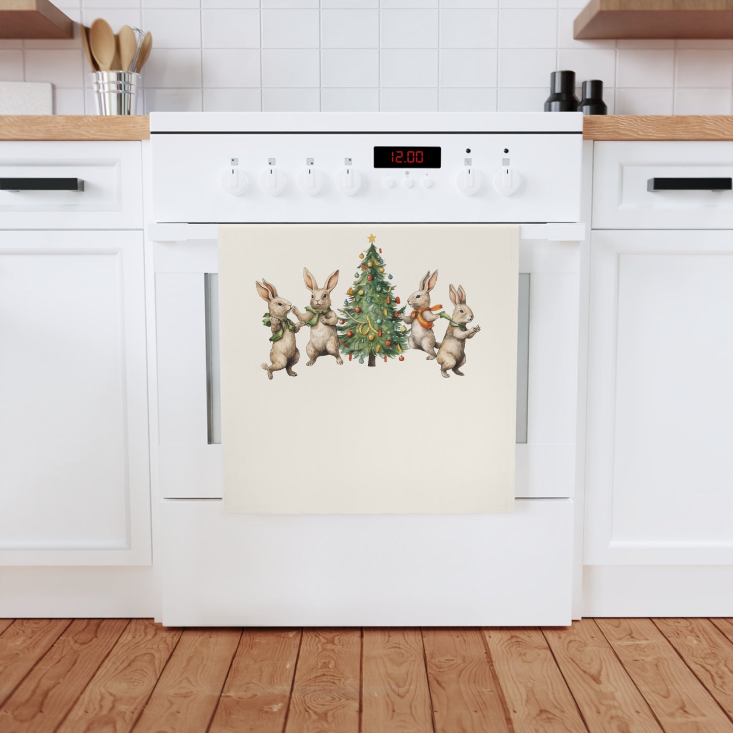 Cotton Tea Towel Kitchen Four Rabbits Christmas Tree 🎄