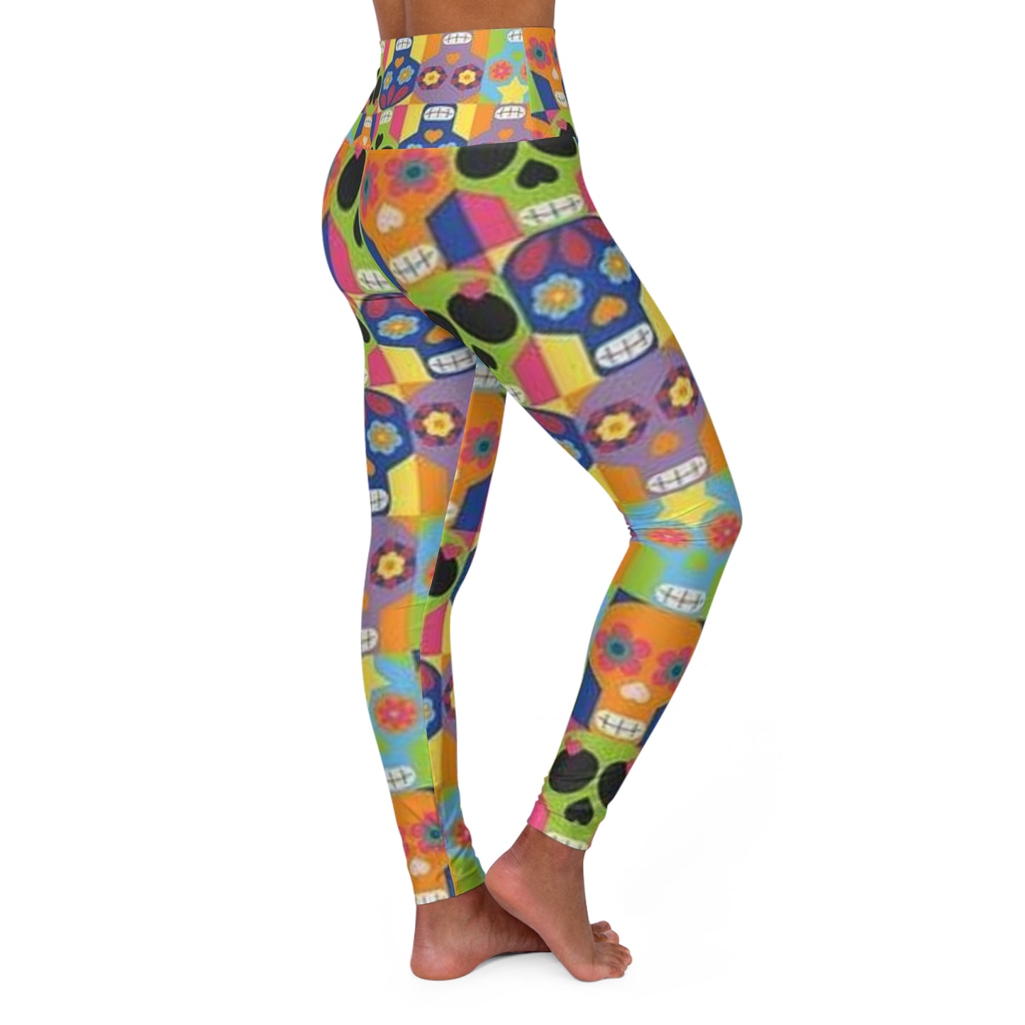 Colorful Sugar Skull High Waisted Yoga Leggings - Vibrant Floral Design for Active Lifestyles