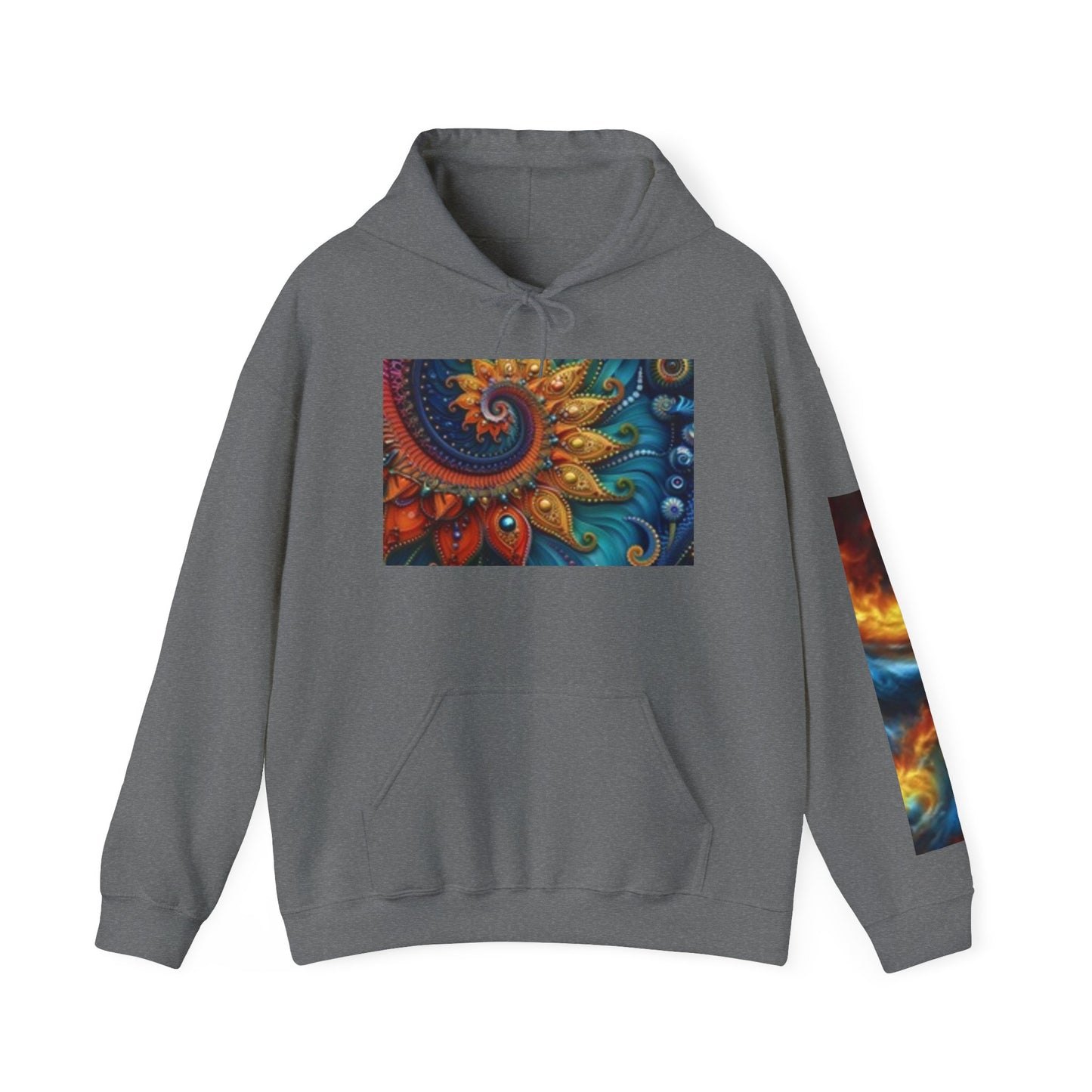 Vibrant Nature-Themed Hooded Sweatshirt - Cosmic Patterns & Wildlife Silhouettes