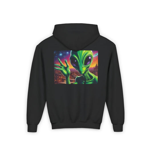 Youth Hooded Sweatshirt Green Alien
