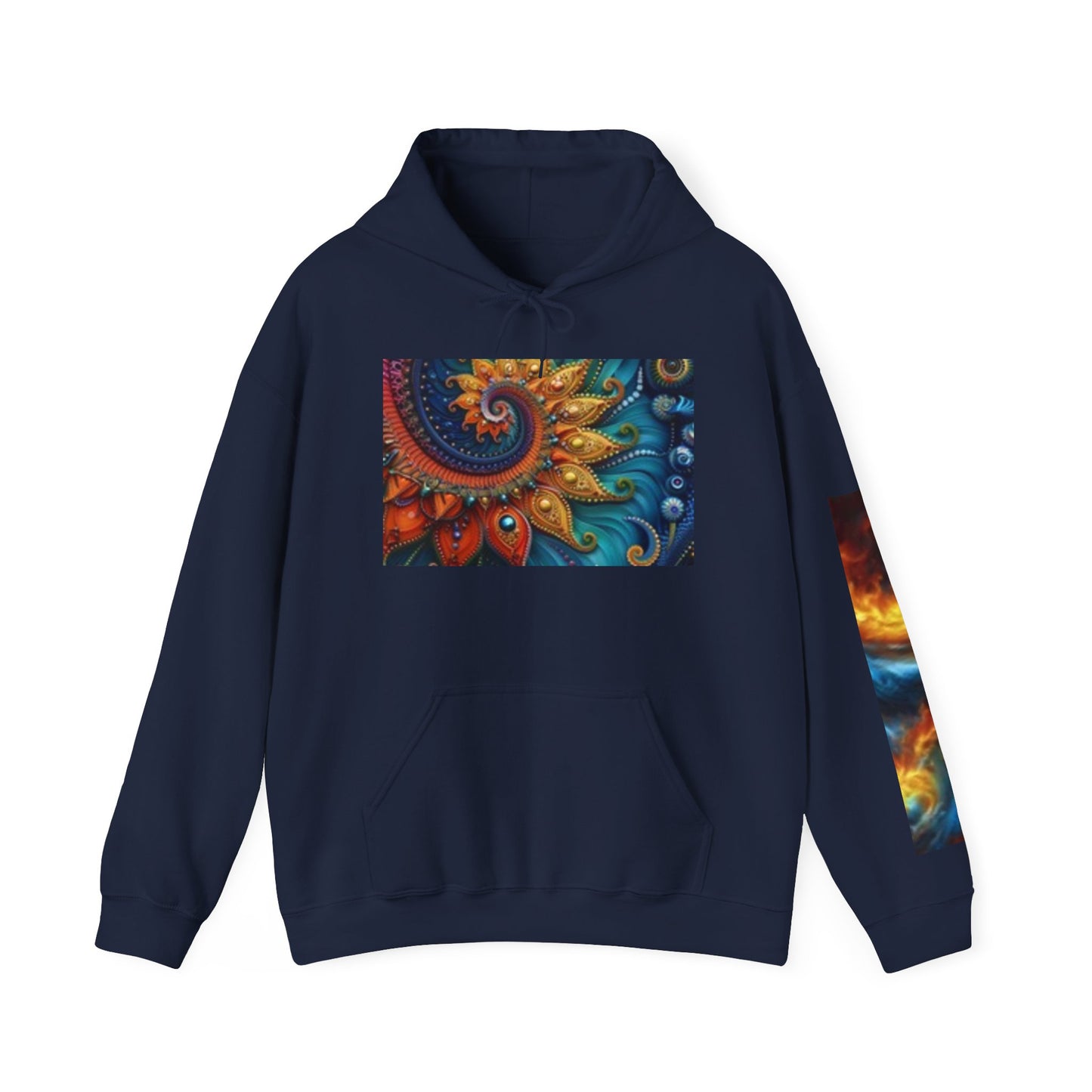 Vibrant Nature-Themed Hooded Sweatshirt - Cosmic Patterns & Wildlife Silhouettes