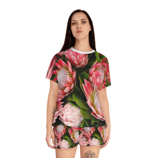 Women's Short Pajama Set Pink Flowers