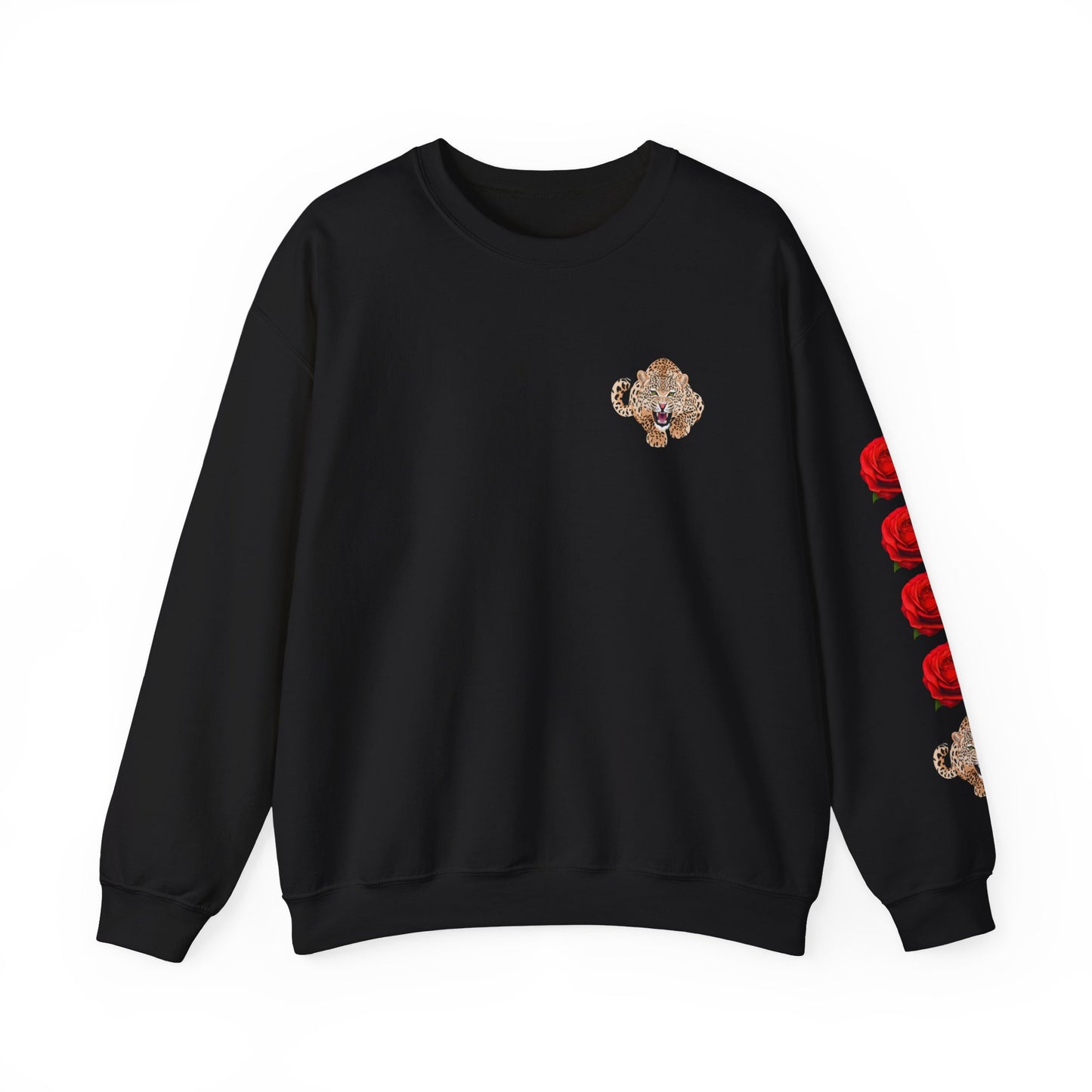 Vibrant Leopard and Rose Unisex Crewneck Sweatshirt - Perfect for Casual Outings