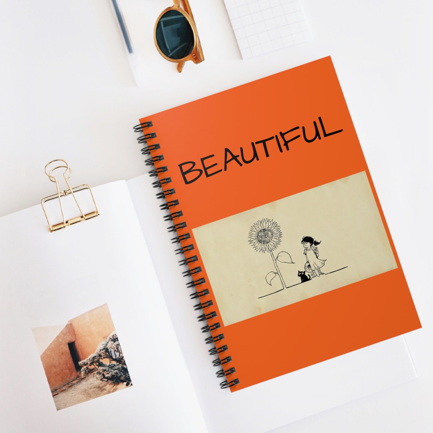 Spiral Notebook Girl with Large Sunflower Let's Share Memories Together