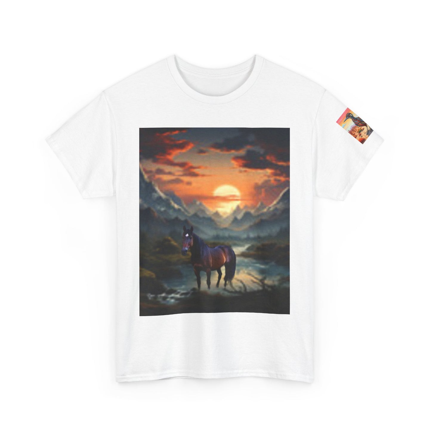 Camiseta unisex de algodón grueso Majestic Horse - Diseño Nature Sunset 