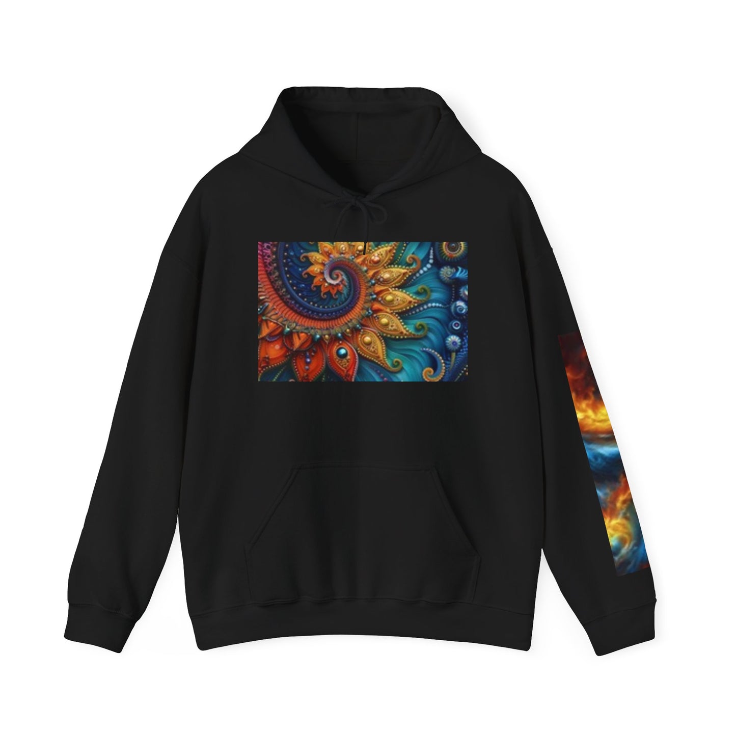 Vibrant Nature-Themed Hooded Sweatshirt - Cosmic Patterns & Wildlife Silhouettes