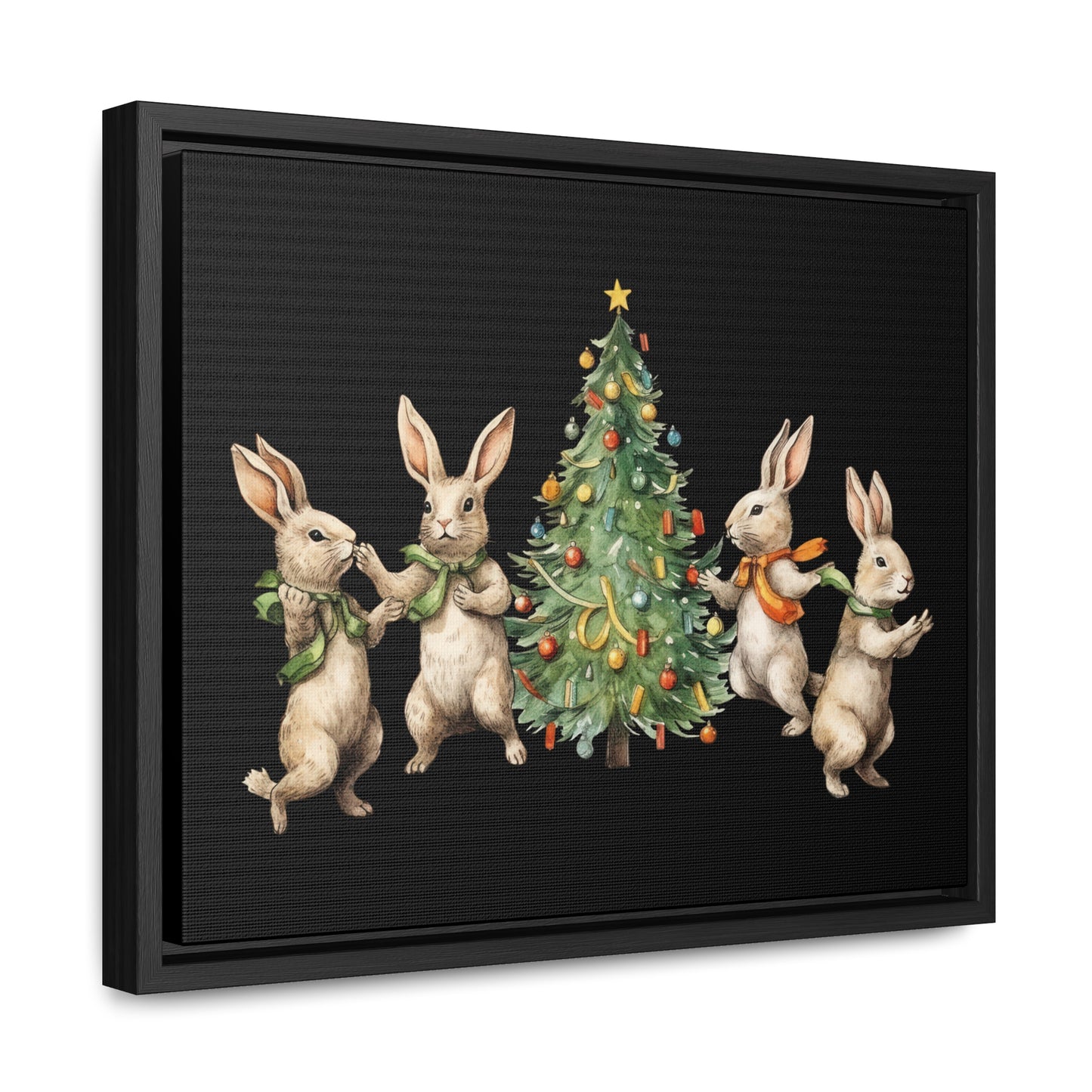 Horizontal Black Canvas Frame Four Rabbits Christmas Tree