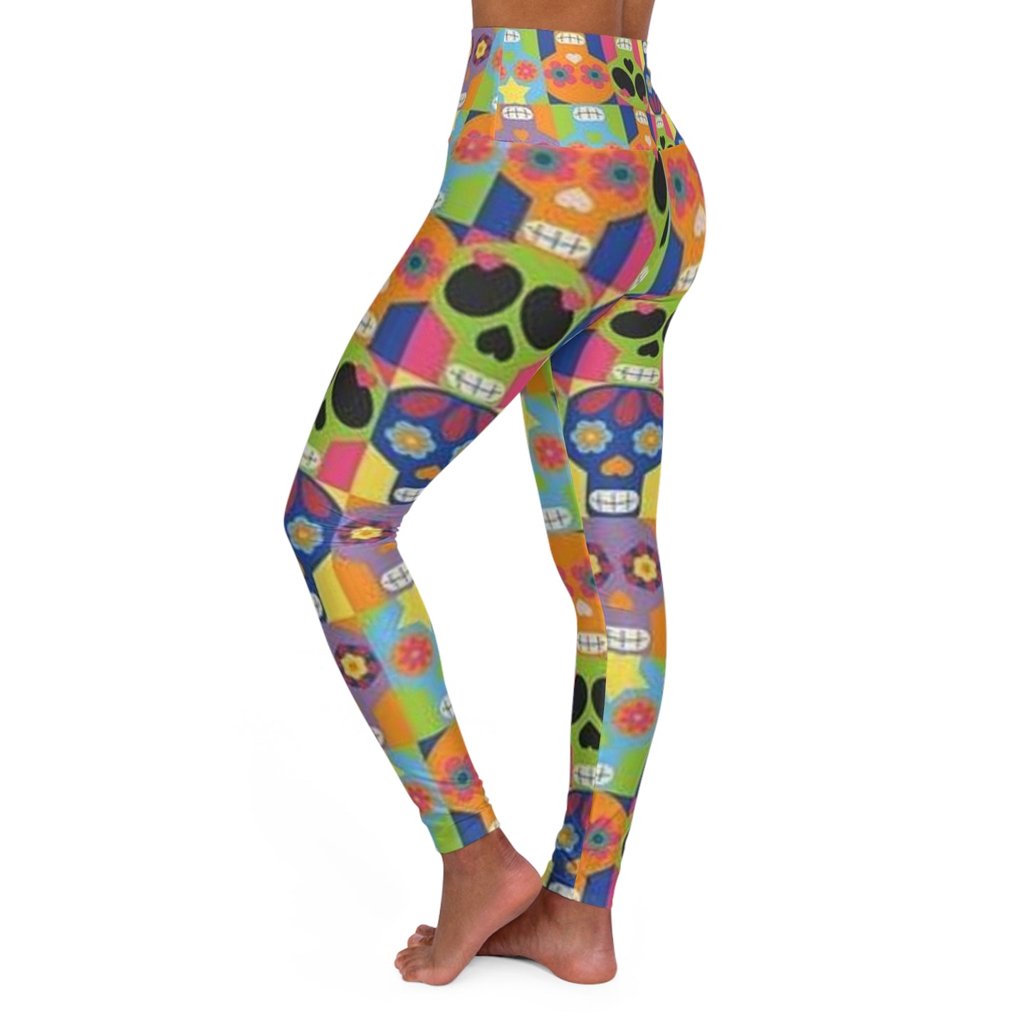 Colorful Sugar Skull High Waisted Yoga Leggings - Vibrant Floral Design for Active Lifestyles