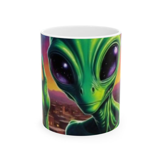 Ceramic Mug, (11oz) Green Alien Great for Coffee Hot Chocolate Tea