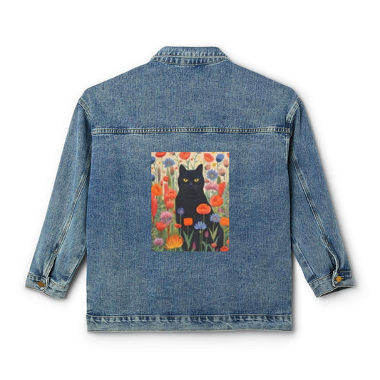 Women's Denim Jacket with Cat Floral Design - Trendy Casual Outerwear