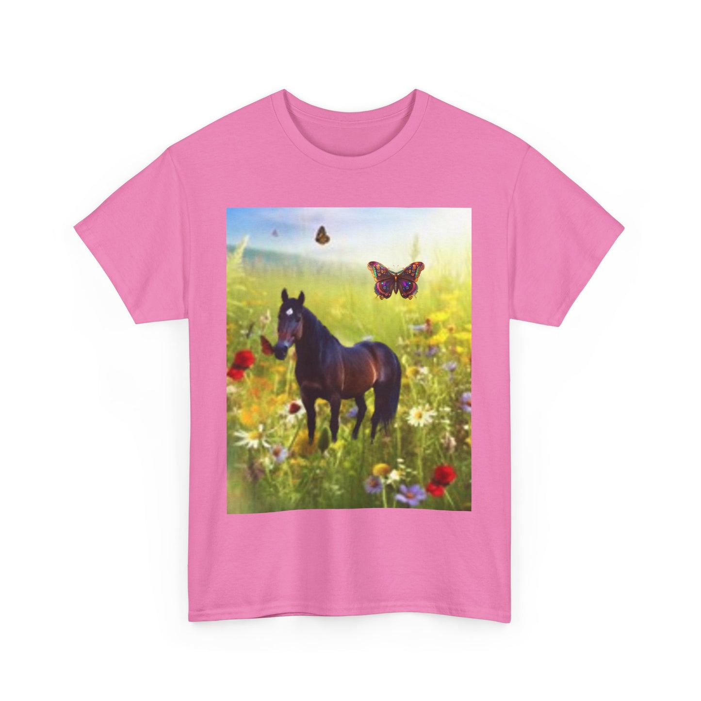 Nature-Inspired Unisex Heavy Cotton Tee with Horse and Butterfly Design
