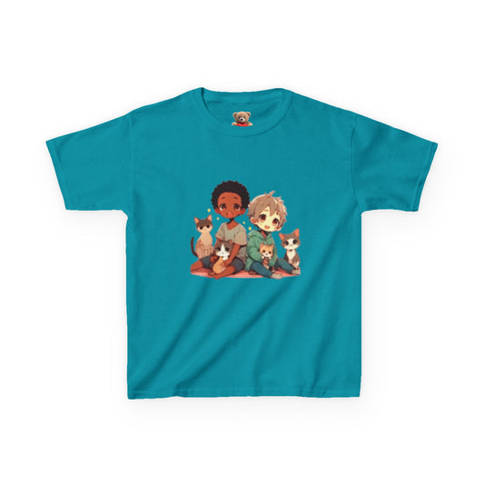 Children with Cats & Heart Kids Heavy Cotton T-shirt Looking Fabulous!