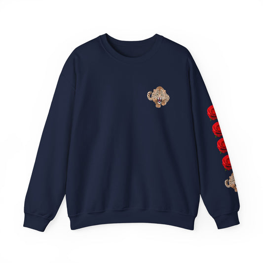 Vibrant Leopard and Rose Unisex Crewneck Sweatshirt - Perfect for Casual Outings