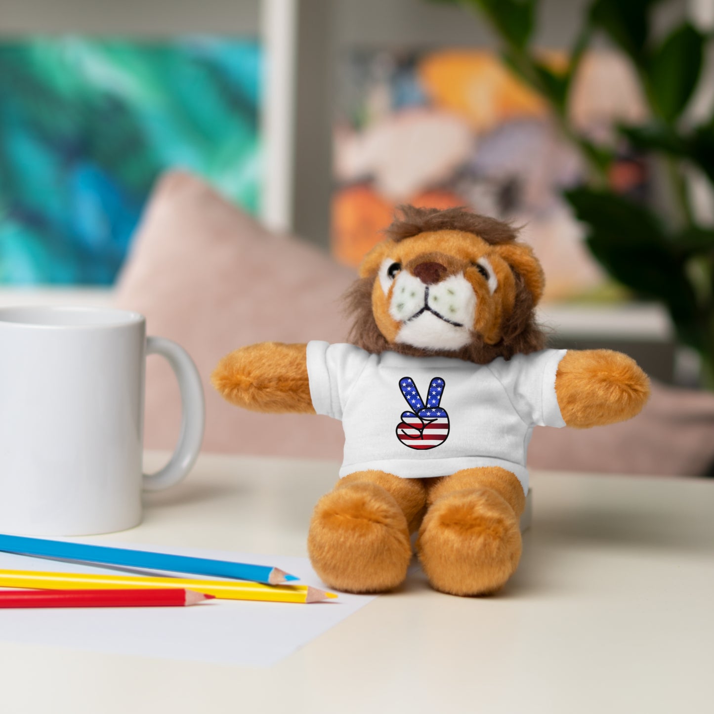 Stuffed Teddy Bear Peace Sign Red White Blue