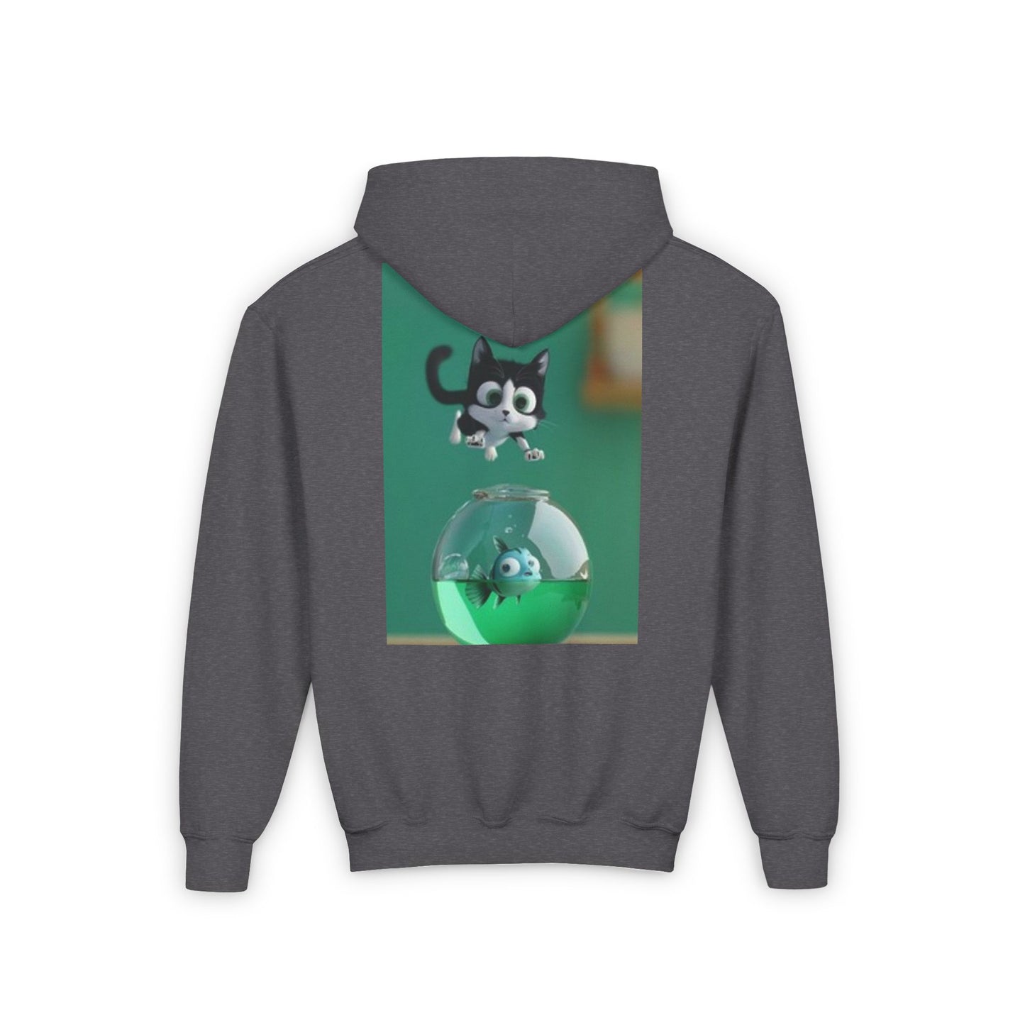 Sudadera con capucha de mezcla pesada para jóvenes Tallas S, M, L, XL Gato saltando sobre una pecera