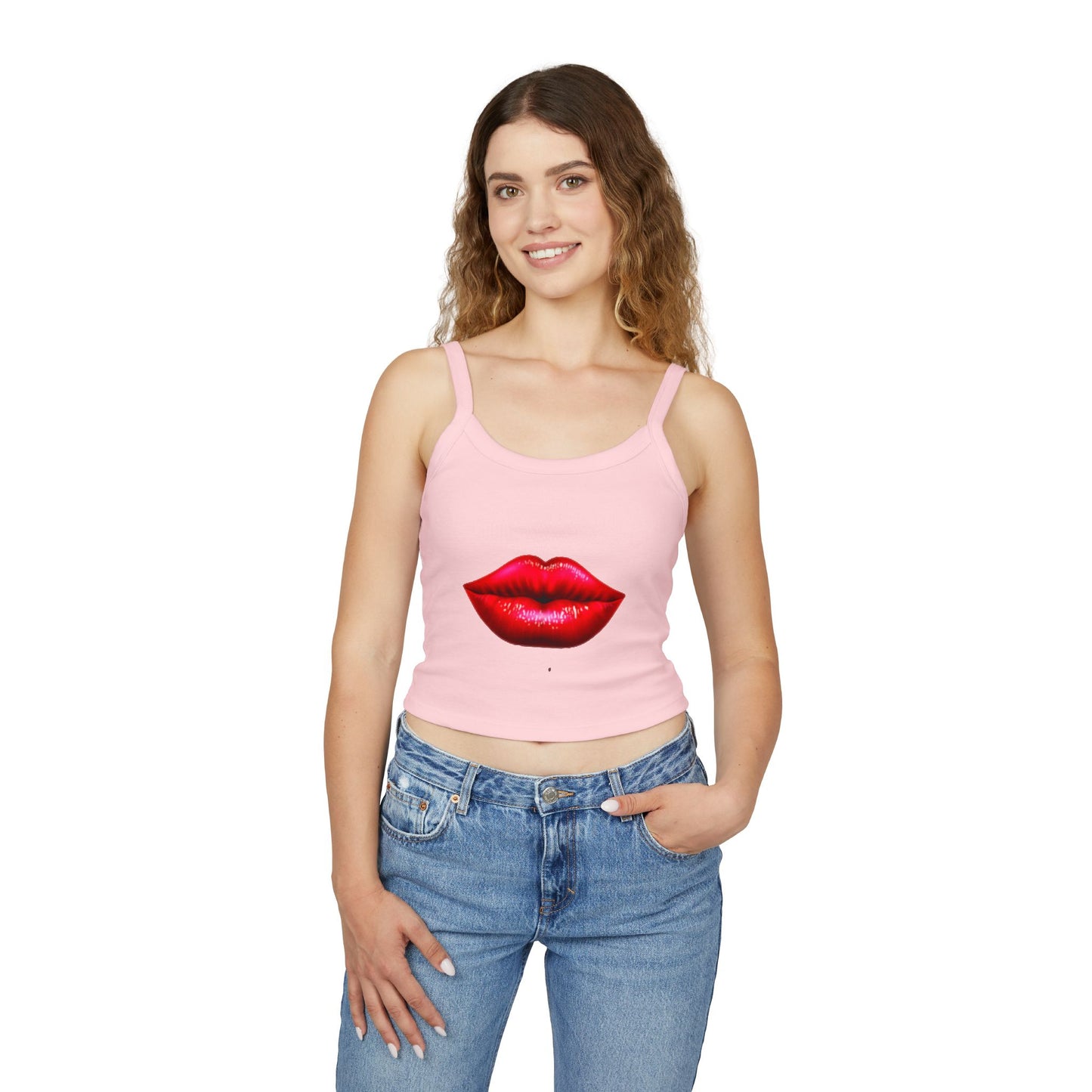 Elegante camiseta sin mangas con tirantes finos para mujer con un llamativo diseño de labios: perfecta para el verano y para salir por la noche.