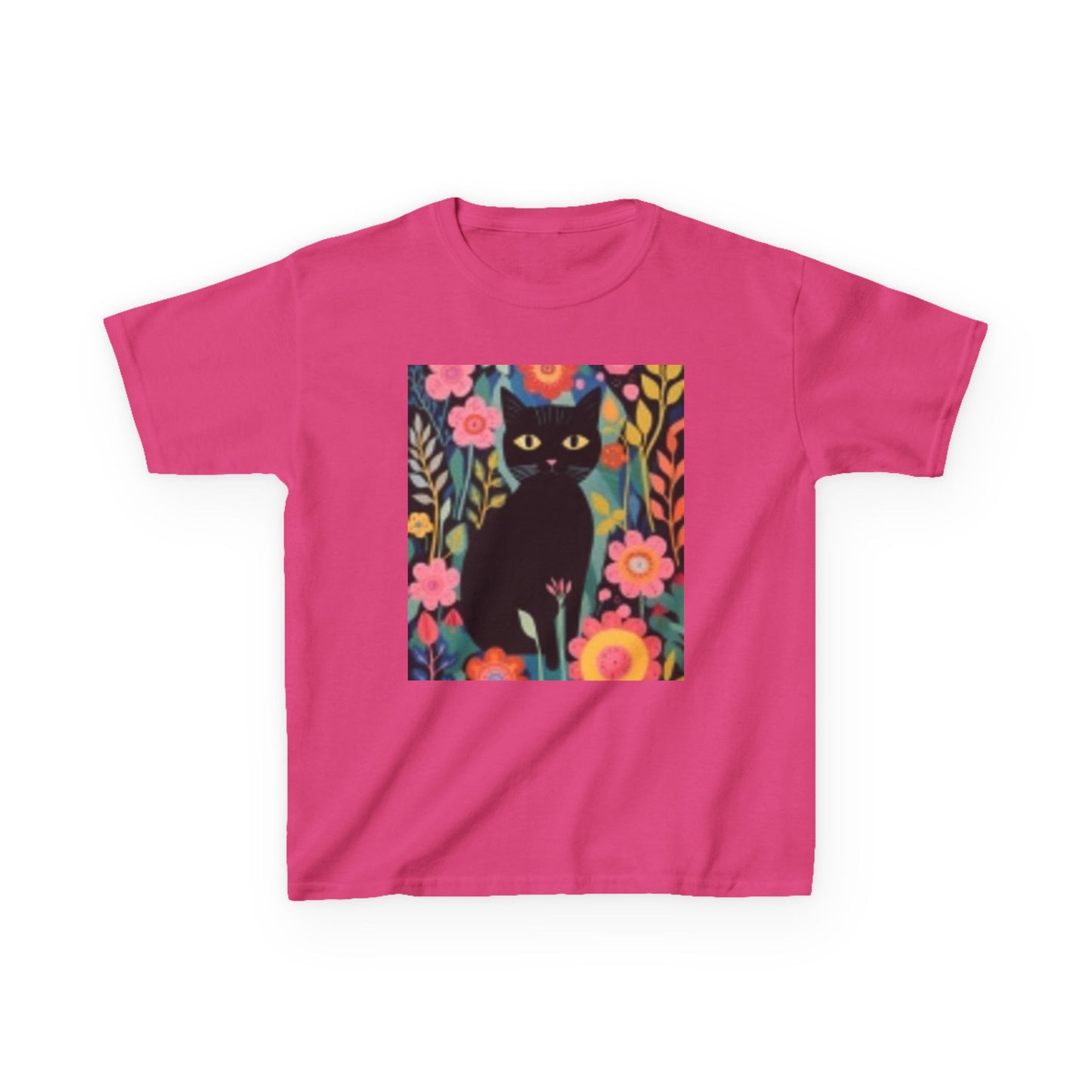 Camiseta infantil de algodón grueso con estampado floral de gato negro: diseño divertido y colorido 