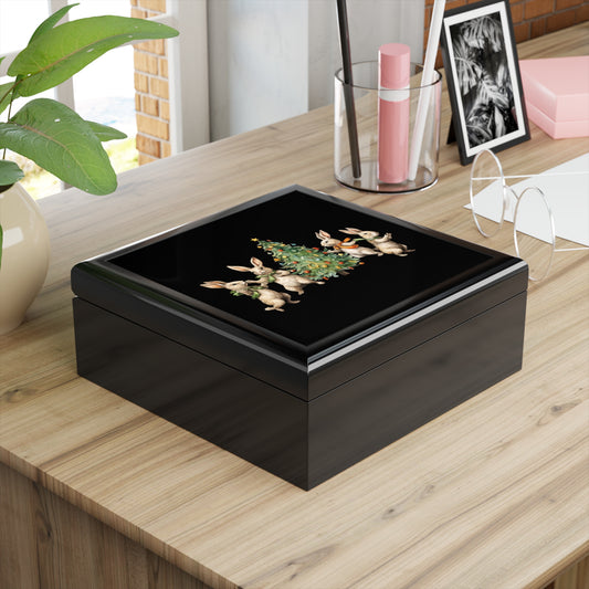 Coffret à bijoux noir Quatre lapins Sapin de Noël