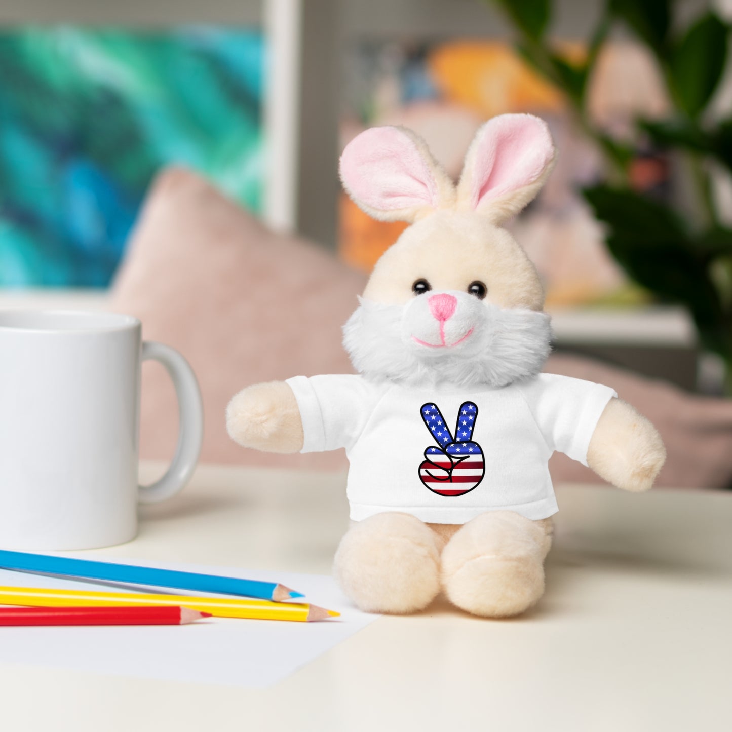Stuffed Teddy Bear Peace Sign Red White Blue