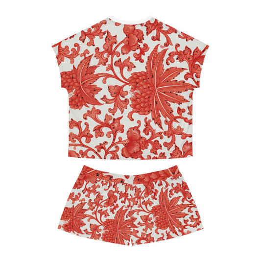 Women's Short Pajama Set Red Leaves Fancy