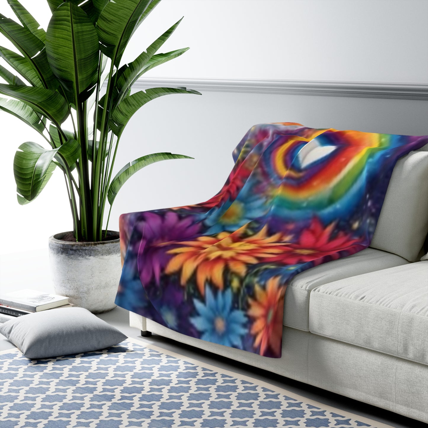 Vibrant Sherpa Fleece Blanket - Cozy Floral Rainbow Design for Comfort and Warmth