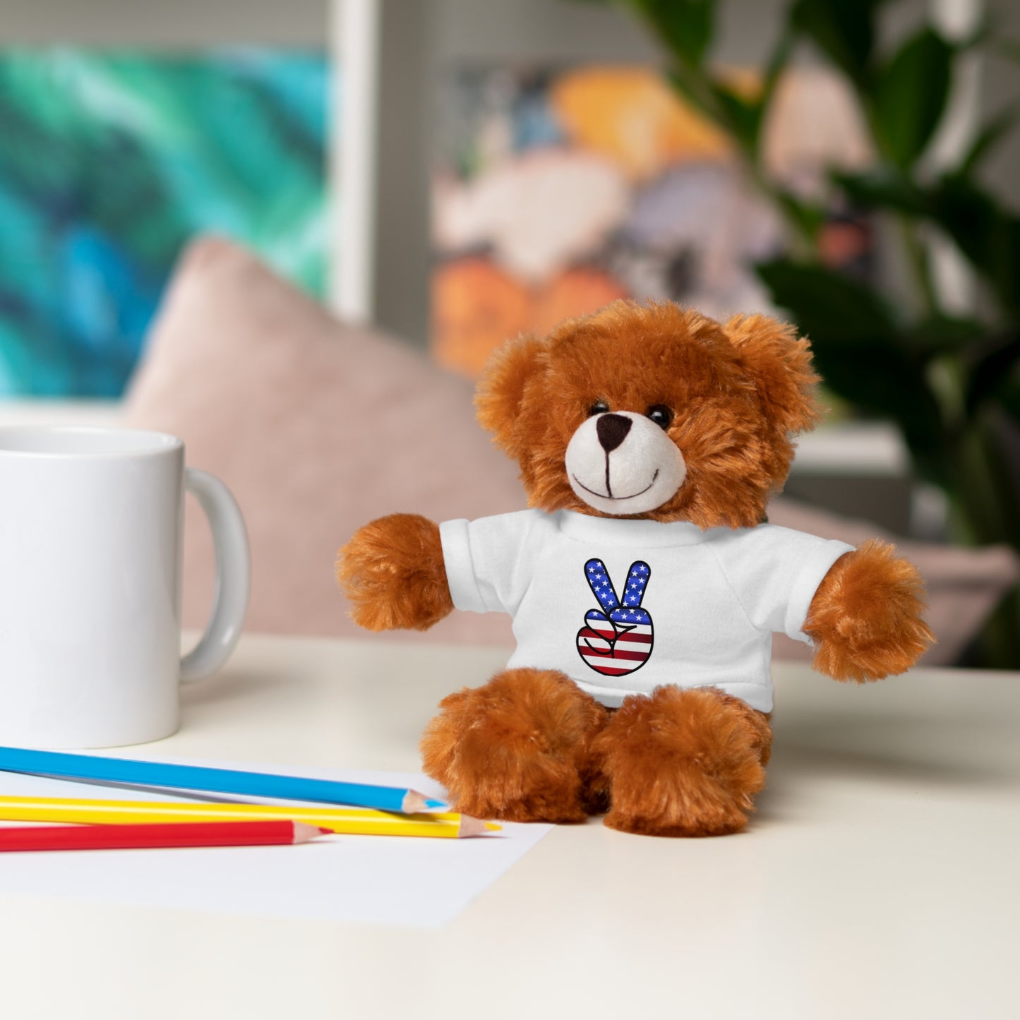 Stuffed Teddy Bear Peace Sign Red White Blue