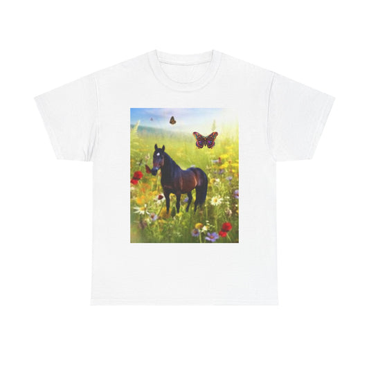 Nature-Inspired Unisex Heavy Cotton Tee with Horse and Butterfly Design