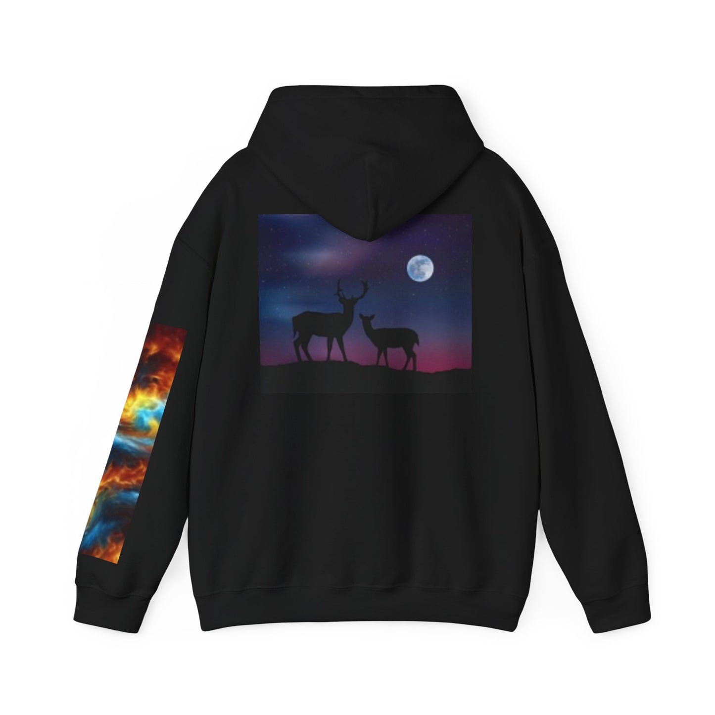 Vibrant Nature-Themed Hooded Sweatshirt - Cosmic Patterns & Wildlife Silhouettes