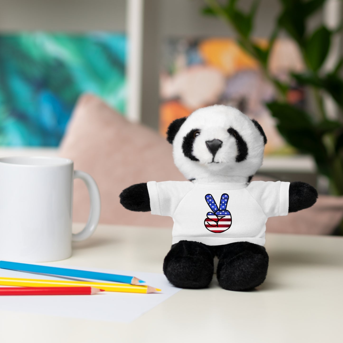 Stuffed Teddy Bear Peace Sign Red White Blue