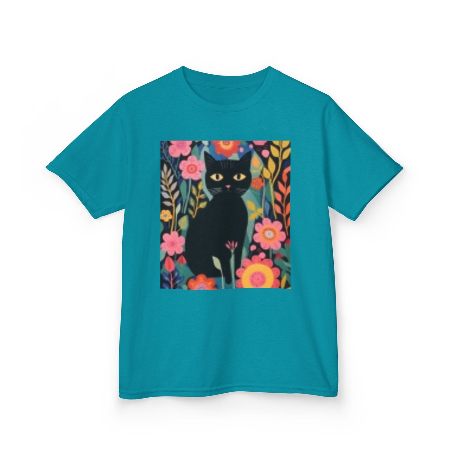 Camiseta infantil de algodón grueso con estampado floral de gato negro: diseño divertido y colorido 
