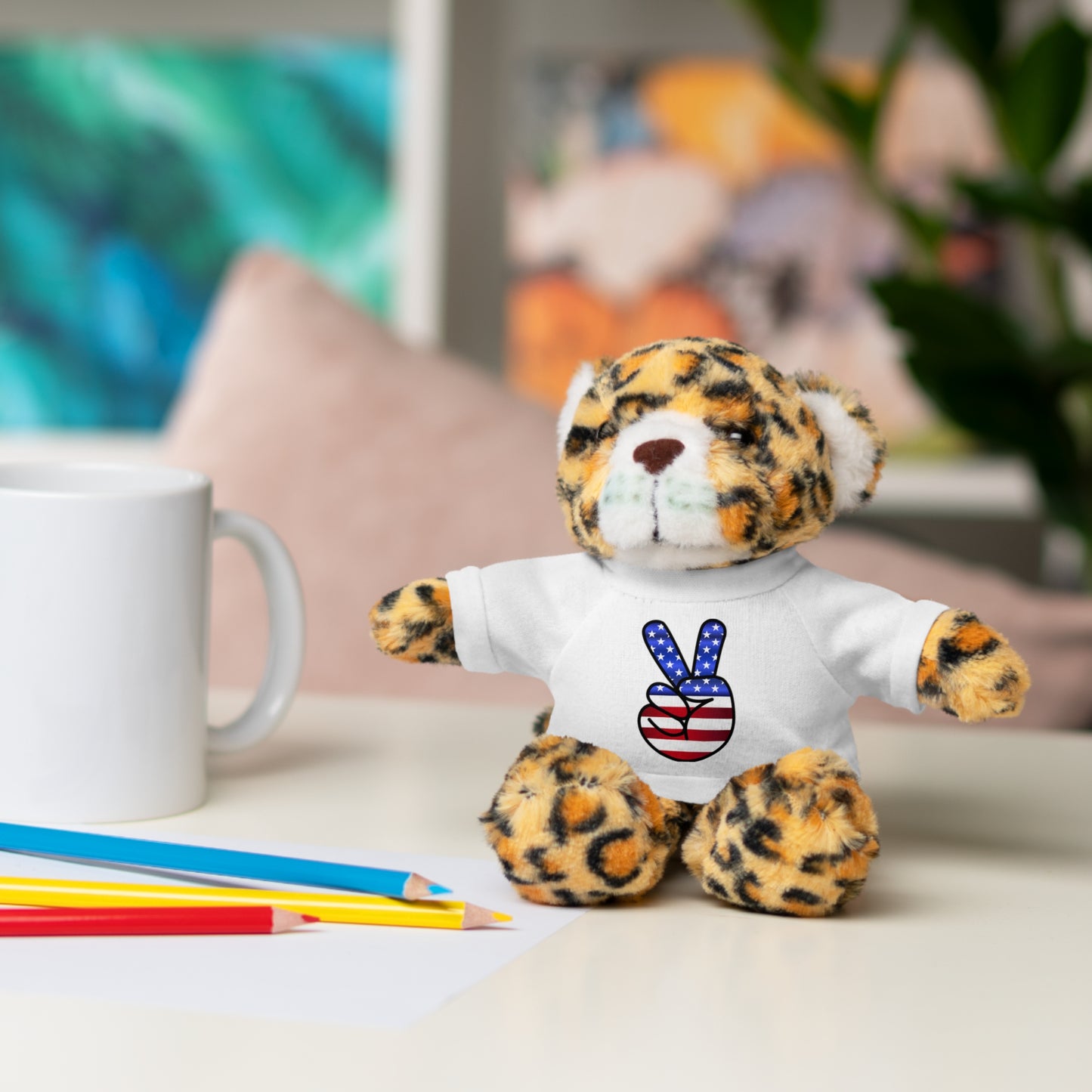 Stuffed Teddy Bear Peace Sign Red White Blue
