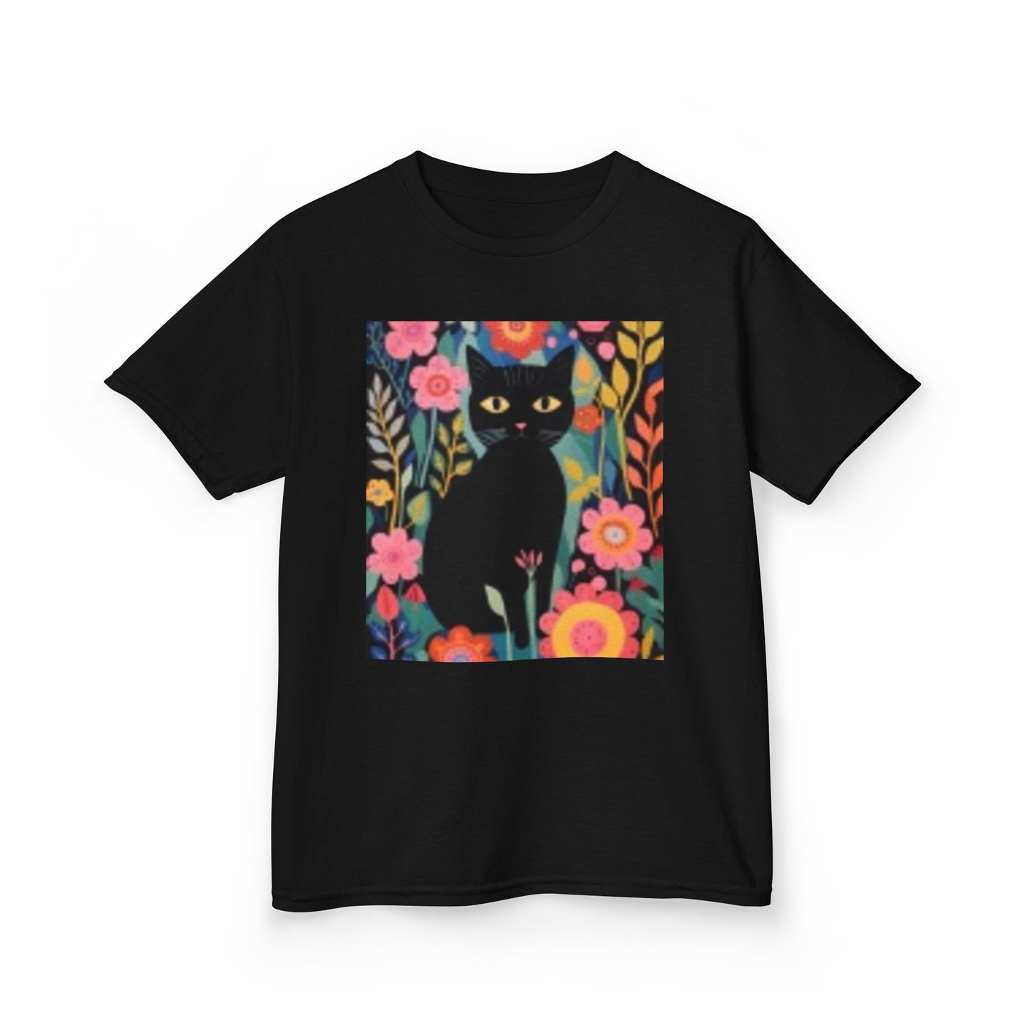 Camiseta infantil de algodón grueso con estampado floral de gato negro: diseño divertido y colorido 