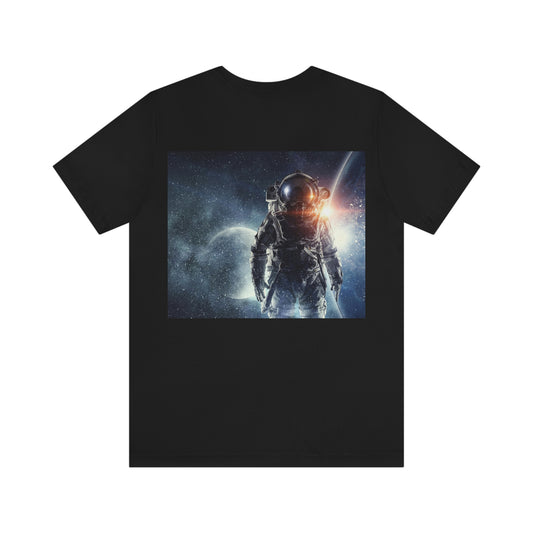 Astronaut in Universe. Unisex Jersey with Short Sleeves T-shirt.  Sizes" Small through 3 Extra large. Price.  $35.00 each. Custom Artwork. Unique Whimsical Flare. Vivid Colors. Soft against your skin. Comfortable to wear every day of the week. I Love the quality and fit. . 