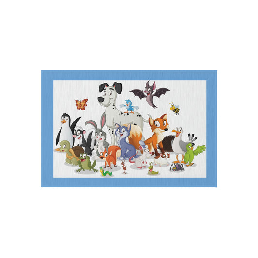 Cartoon Animals. Outdoor Rug. Custom Artwork. Unique Whimsical Flare. Vivid Colors. Great to have on your back Porch or front door. Definitely a splash of color! Soft against your bare feet. Children and animals will love playing on this Rug!