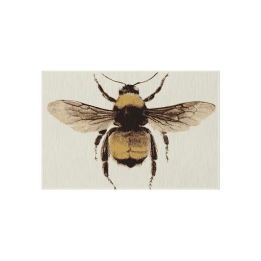 Yellow Bumble Bee. Outdoor Rug. Custom Artwork. Unique Whimsical Flare. Vivid Colors. Great to have on the back porch and front door. Splashy Color! Soft against your bare feet. Children and Pets will love playing on the Rug!